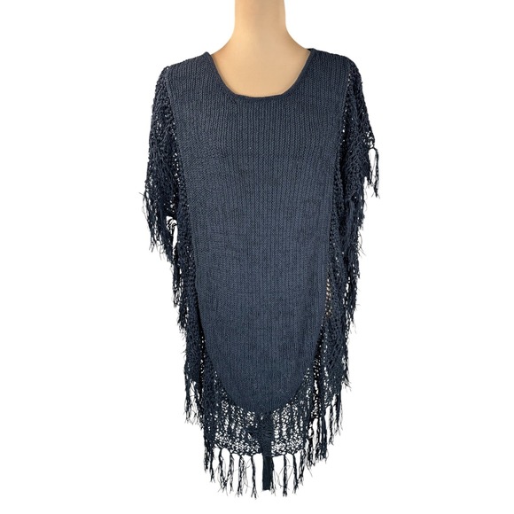 Soft Surroundings Poncho Swim Cover Black Open Knit Tassel Fringe Trim S/M - Picture 1 of 8